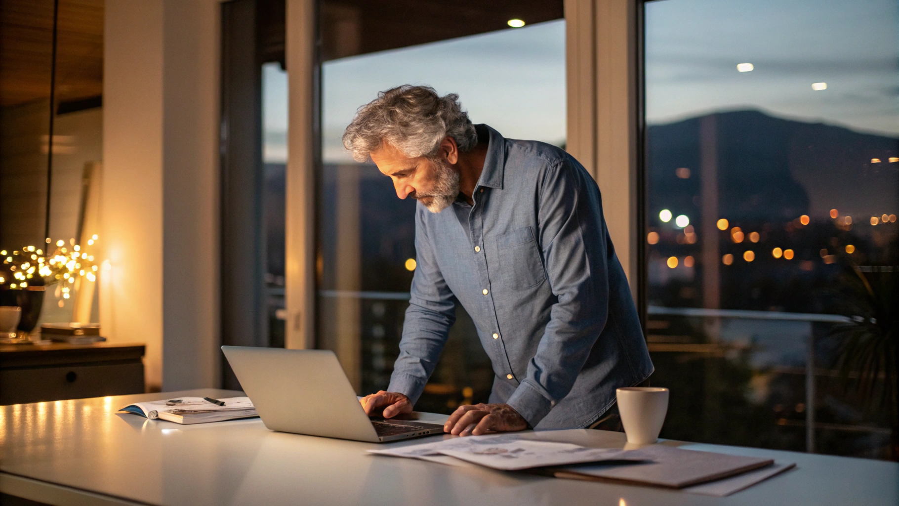 A person stands at a table working on a laptop with a book and coffee cup. Nighttime view through windows in the background.