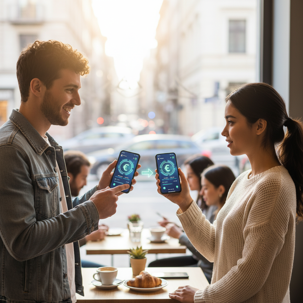Two people in a cafe, a man and a woman, are holding phones displaying digital currency transfers.