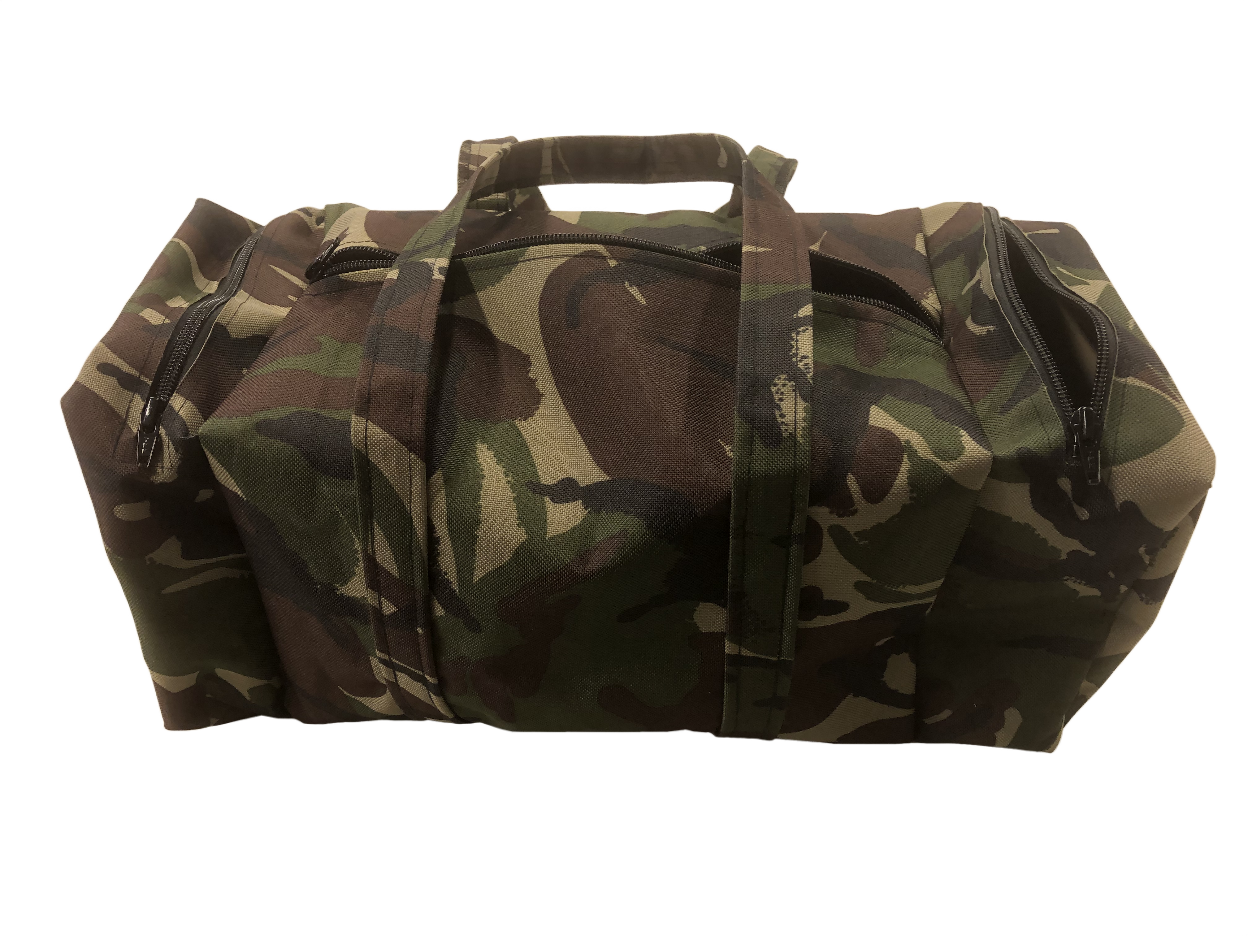 A camouflage duffel bag with two zippered side pockets and handles on top, isolated on a white background.