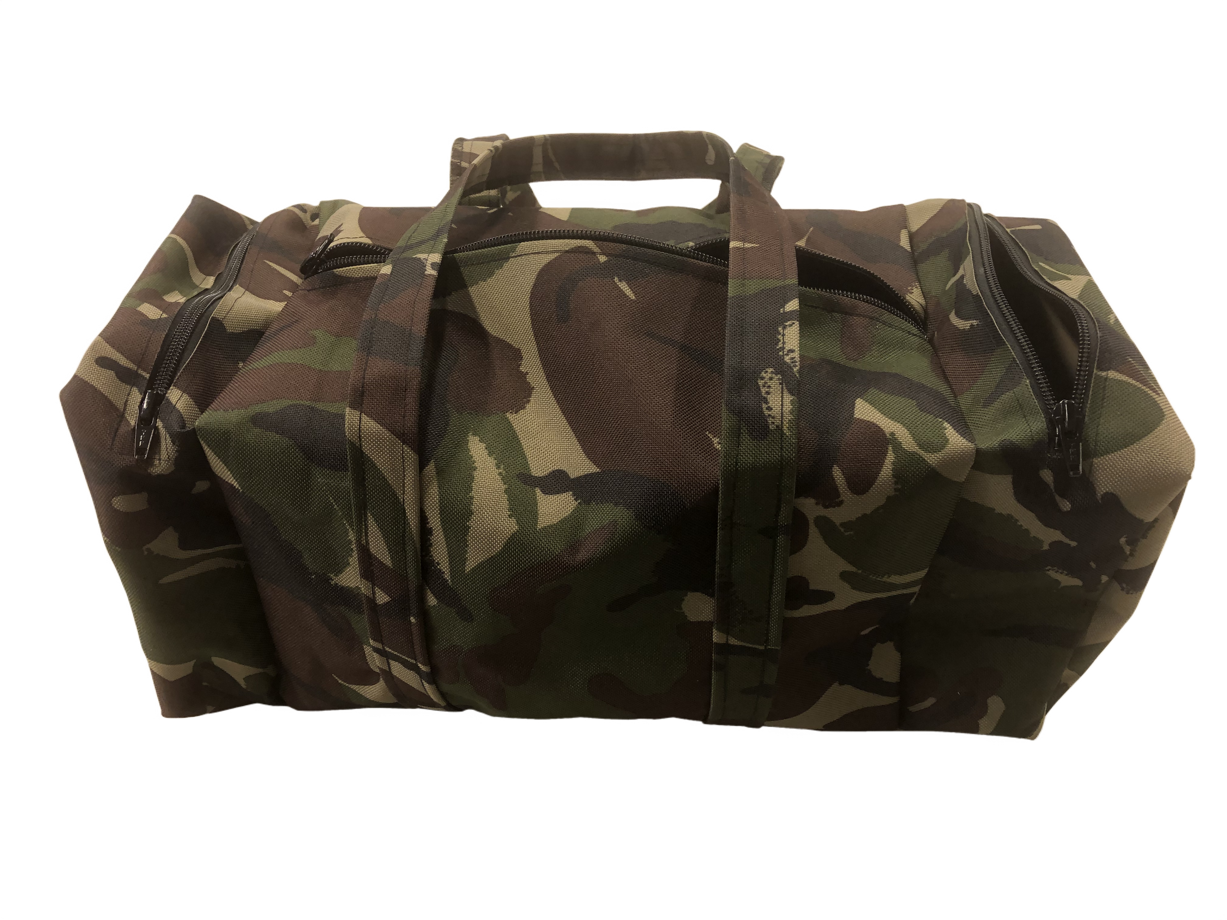 A camouflage-patterned duffel bag with zippers and handles, set against a plain black background.