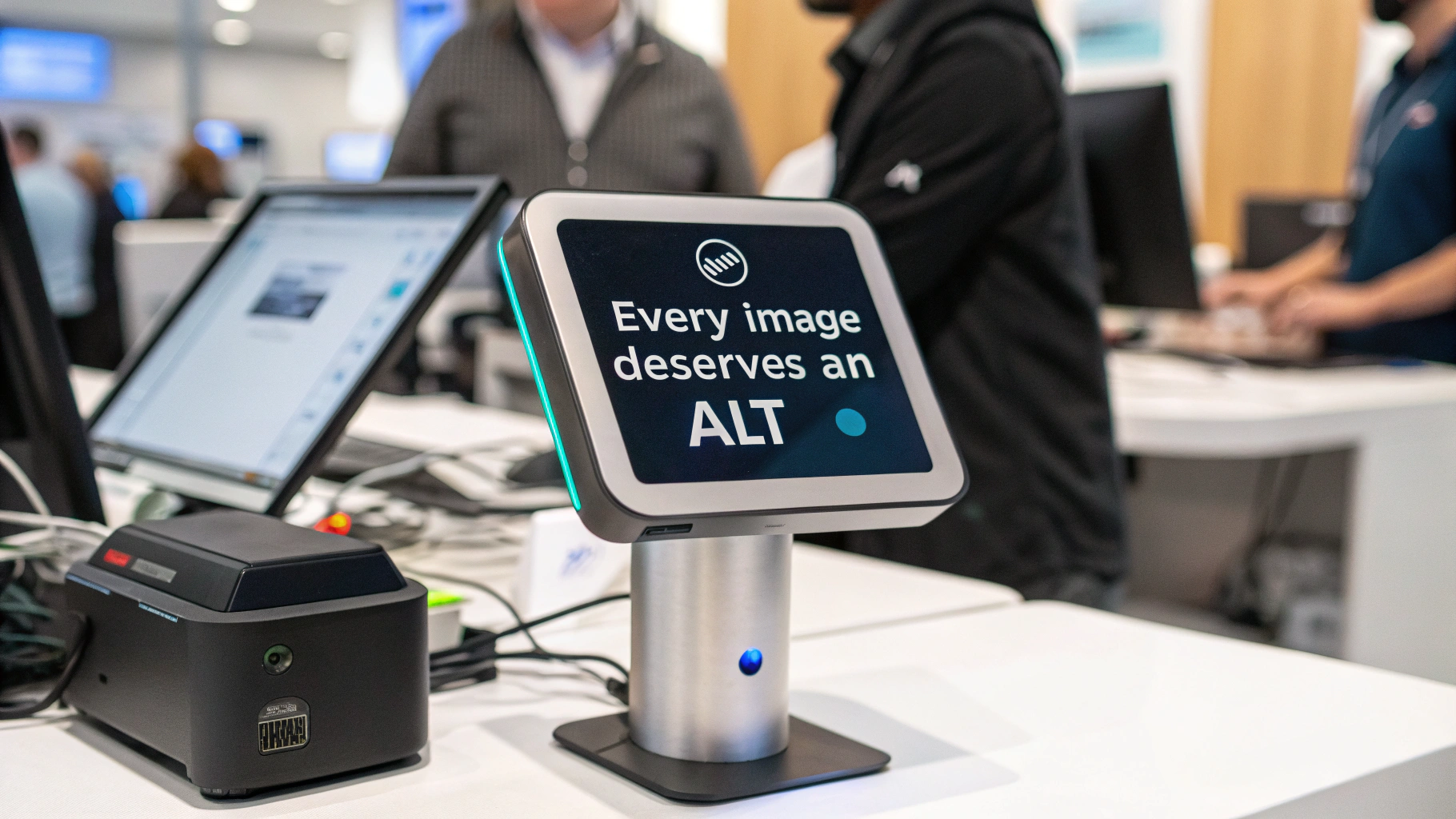 A digital screen on a silver stand reads 'Every image deserves an ALT,' in a tech setting.